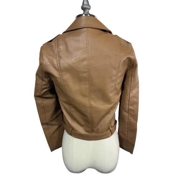 Women's Love Tree Faux Leather Moto Jacket Camel‎ Belted Biker Minimalist S New - Image 10