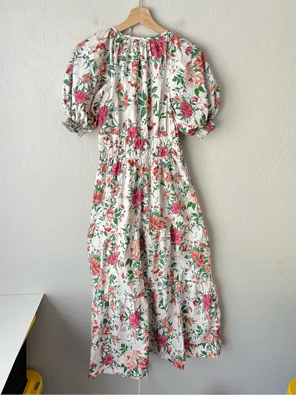 Anthropologie Floral Peony Puff Sleeve Cottagecore Fairy Dress White Pink XS - Image 4