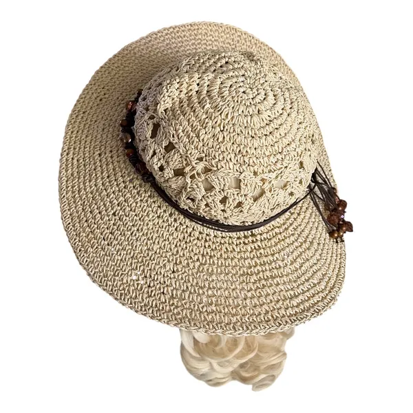 Sun n Sand Crochet Crown Wide Brim Straw Hat with Beads - Image 3