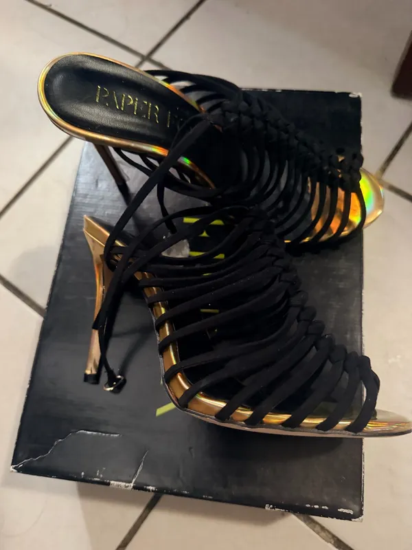 Piper Black Strappy Heels with Iridescent Gold Trim - Image 4