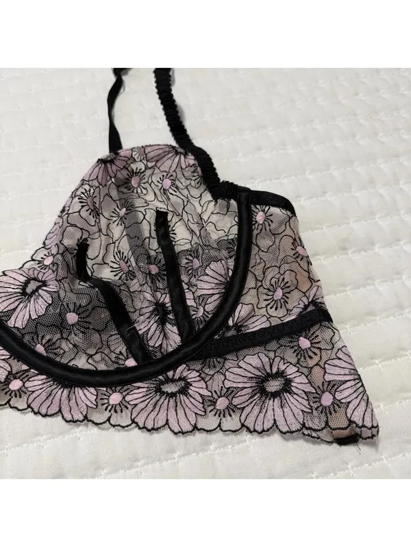 For Love and Lemons Coco Bra Unlined Floral Lace Black/Pink Bones Side Sz XL - Image 9