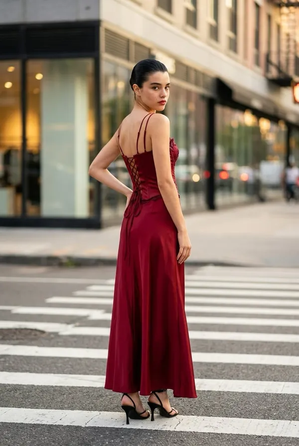 Polka USA Vintage Two-Piece Burgundy Satin Prom Dress Lace-Up Corset Top & Maxi - Image 15