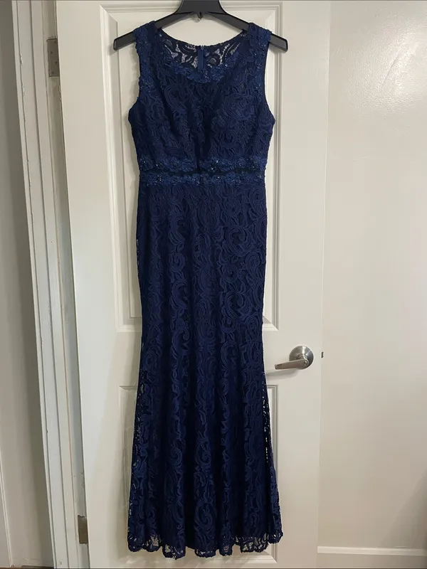 CINDERELLA DIVINE Navy Blue Lace Formal Maxi Dress Size Large - Image 4