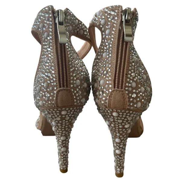 Nude & Crystal White Feather Tassel Ankle Strap Stiletto Sandal Heel Bridal - Image 3