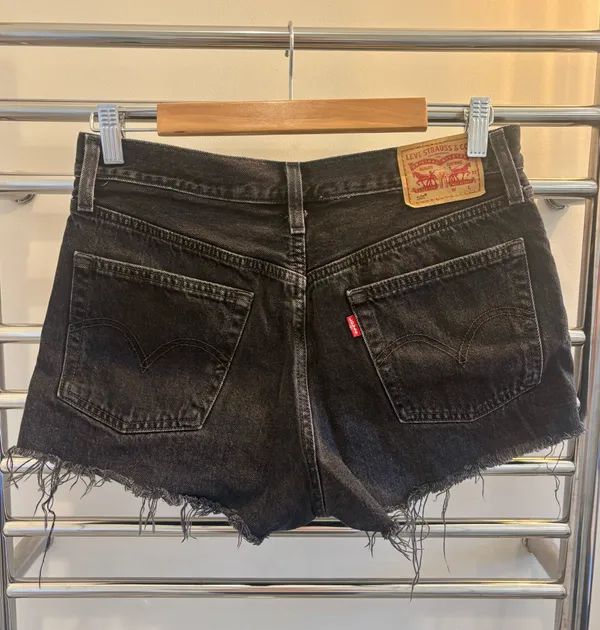 Levi’s 501 Button Fly Raw Hem Black Denim Shorts - Image 2