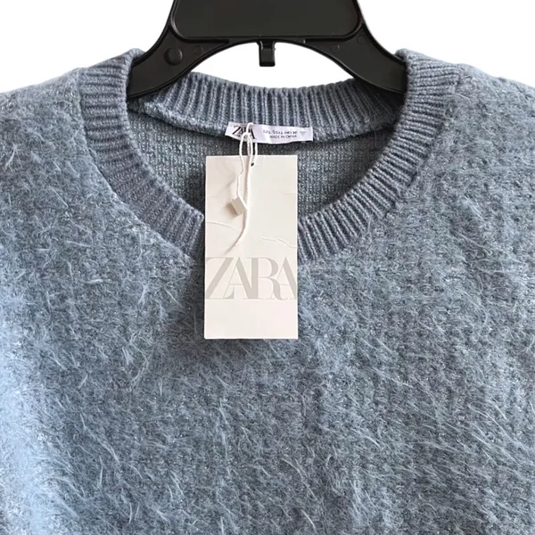 ZARA Fuzzy Knit Sweater Blue Long Bell Sleeves Cropped Top‎ Women's Large NWT - Image 3