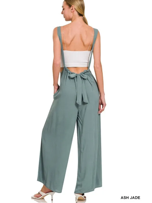 Zenana Woven Tie-Back Suspender Wide-leg Jumpsuit Size S Ash Mocha NIB - Image 6