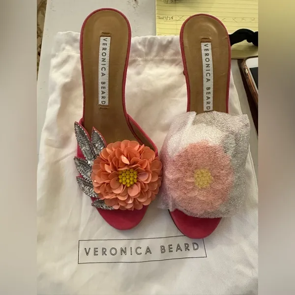 NEW Veronica Beard Sequined flower spring suede mules pink - Image 9
