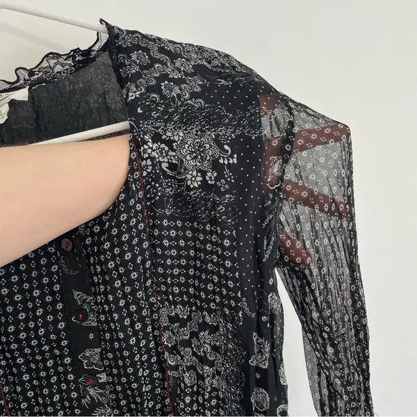 COLDWATER CREEK Black White Patchwork Floral Crinkle Button 3/4 Sleeve Blouse S - Image 6
