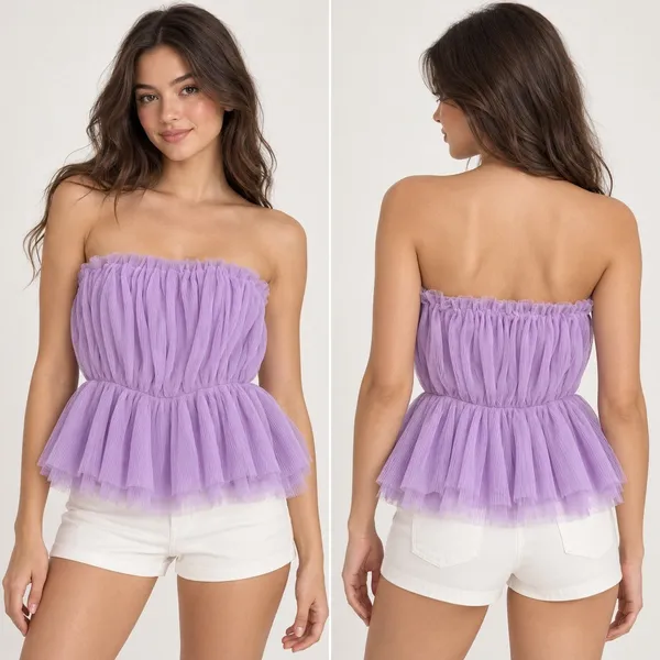 Pink Lily Tube Top Women Medium Purple Tulle Peplum Fairycore Pleated MA647 - Image 2