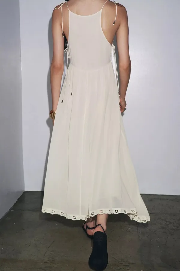 Zara Elegant White Lace Trim Dress beads cream boho hippie summer beach - Image 10