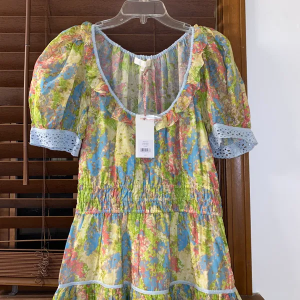 NWT $495 LoveShackFancy Pastel Fields Safiya Scoop Neck Mini Puff Sleeve Dress M - Image 9
