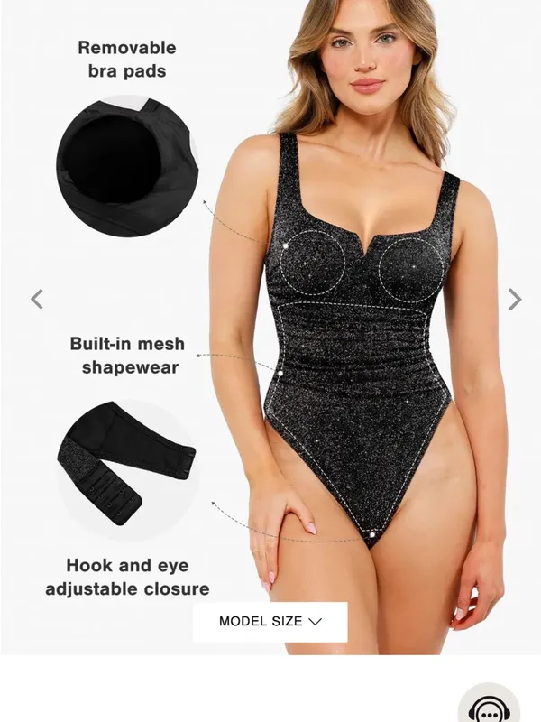 Popilush Ruched Metallic Knit Square Neck Slimming Bodysuit - Image 2