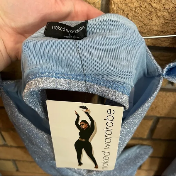 NWT Naked Wardrobe Overly Long Sleeve Off The Shoulder Crop Top Glitter Blue S - Image 3