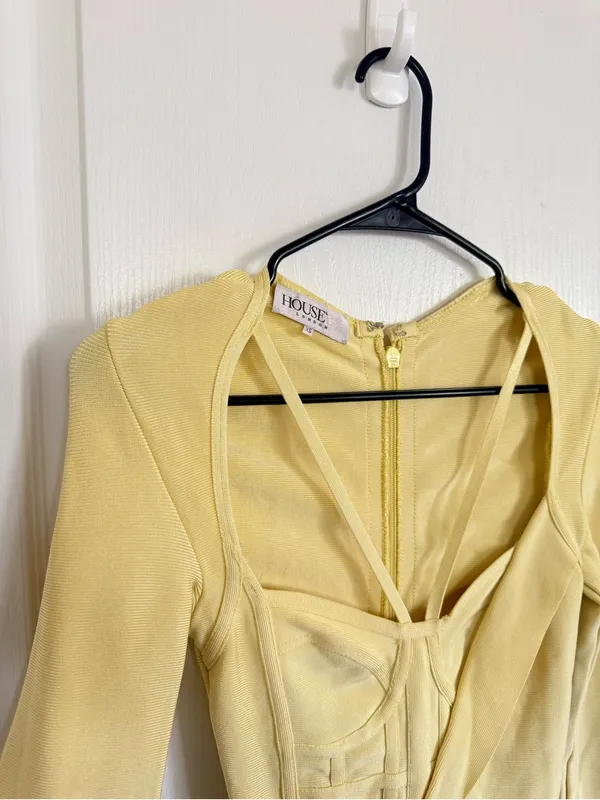House of CB GIACOMINA Yellow Long Sleeve Bandage Dress With Hook & Eye Details - Image 7