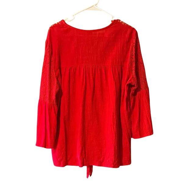 Knox Rose‎ Womens XXL Red Lace Bell Sleeve Tie Front Button Down Boho Blouse - Image 9