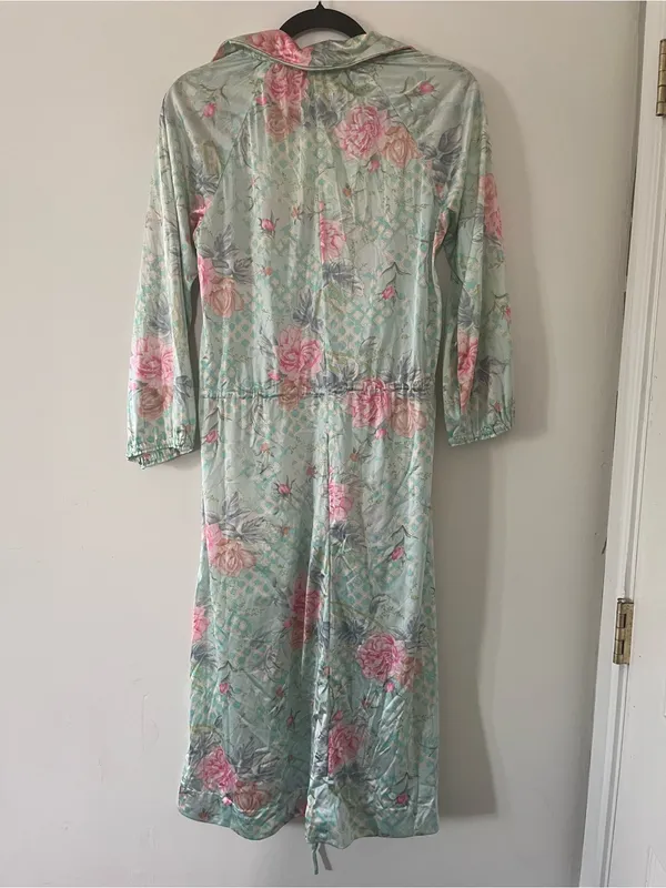 Floral Mint Green Pink Satin Maxi Dress Medium Spa Resort Lounge Caftan Beach - Image 6