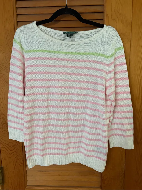 Lauren Ralph Lauren Pink White Striped Cotton 3/4 Sleeve Preppy Sweater Size L - Image 2
