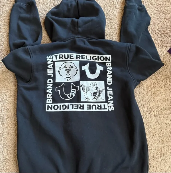True Religion Black Logo Grey Zip-Up Hoodie Sweatshirt S - Image 3
