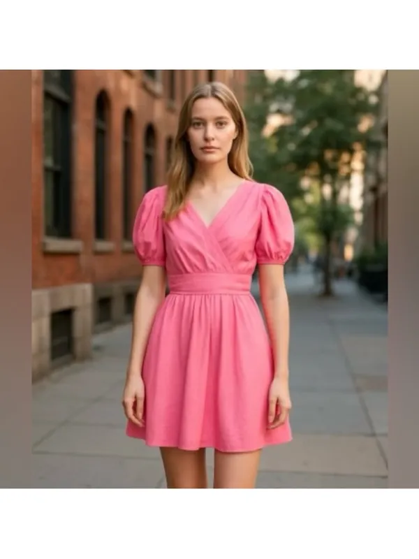 French Connection Rhodes Poplin Vneck Mini Dress Morning Glory Pink Sz 2 - Image 2