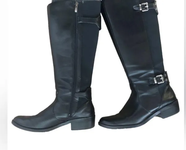 Anne Klein Faux Leather Tall Knee Boots 8.5 Side Zip Stretch Calf 1.5” Heel - Image 2