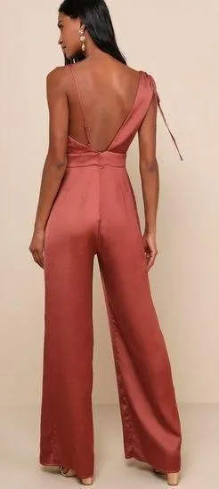 Lulu’s Look of Luxe Rusty Rose Satin Asymmetrical Wide-Leg Jumpsuit size XS - Image 2