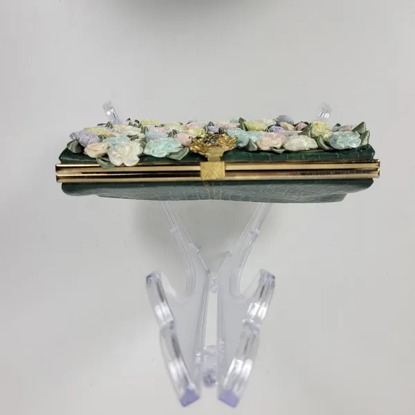 Andé Womens Clutch Bag Green Croc Embossed Pastel Floral Applique Gold Chain - Image 13