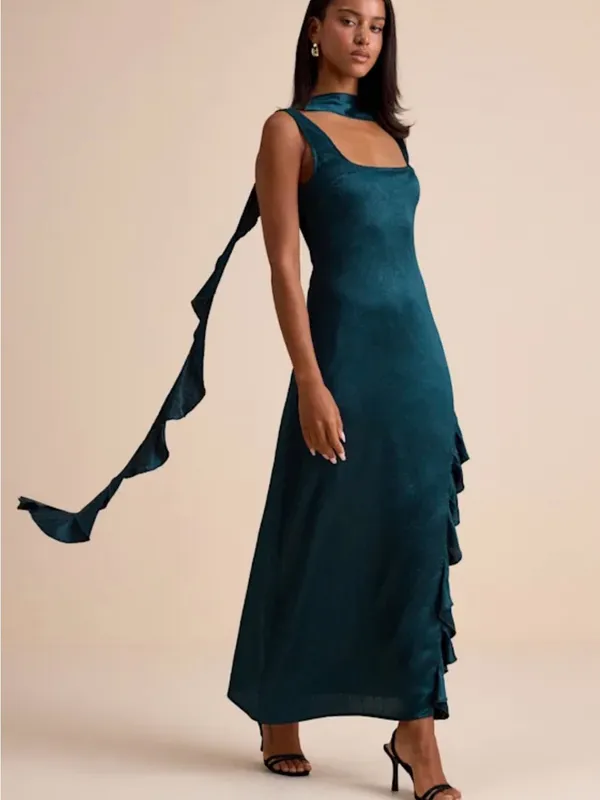 Lulu's Teal Ruffle-Trim Maxi Dress with Long Scarf Tie - Image 5