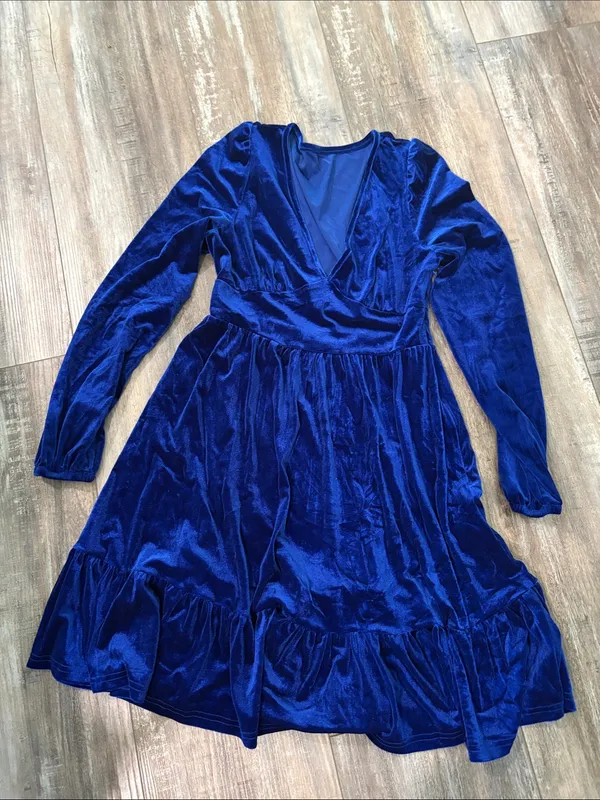 Halara Royal Blue Velvet Deep V Neck Long Sleeve Ruffle Hem Dress Size Small NEW - Image 5