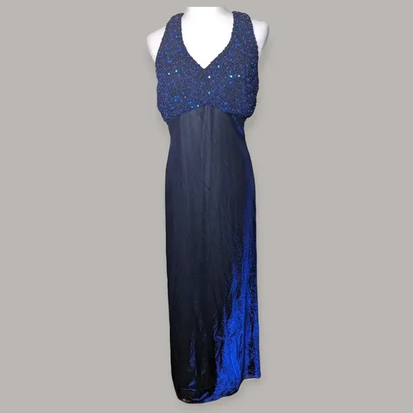 Y2K Prom Dress Iridescent Blue Sparkly Strappy Floor-Length Formal Gown 2000s - Image 11