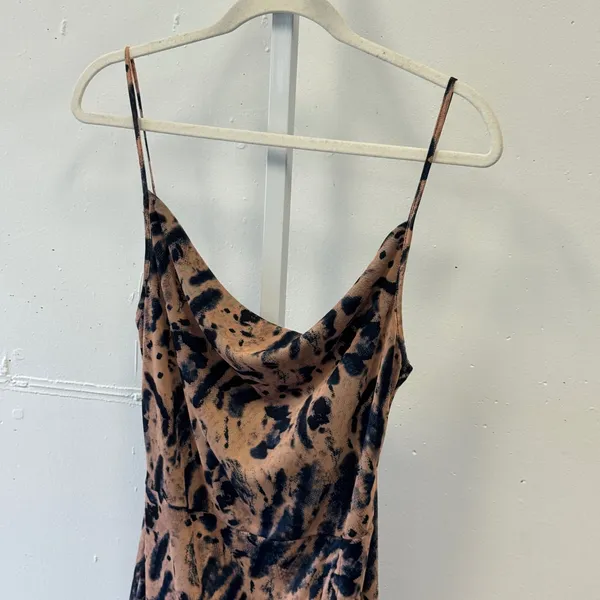 PrettyLittleThing Tan Black Abstract Print Cowl Neck Ruched Mini Dress US 10 - Image 3