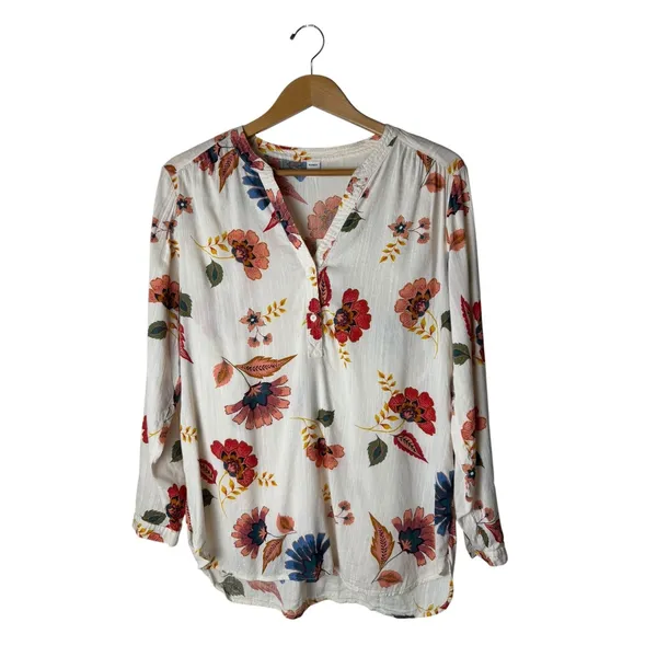 Old Navy Popover Tunic Women Medium White Floral Lightweight Blouse Boho Preppy - Image 2