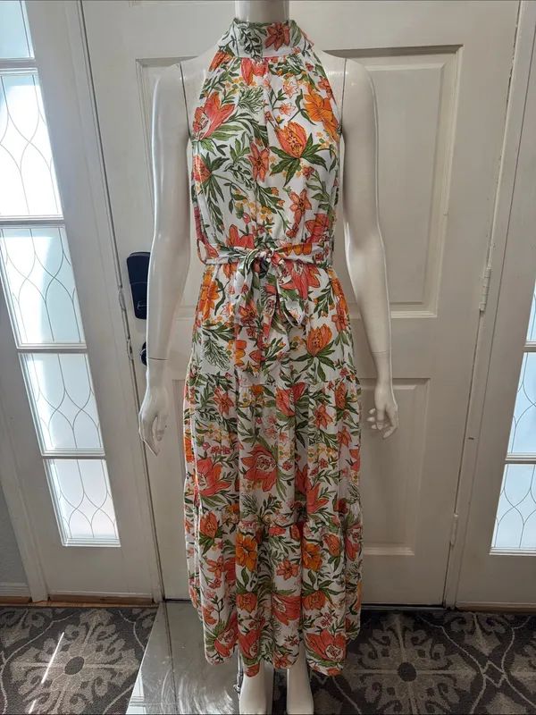 Petal&Pup Floral Halter Maxi Dress in White with Orange & Green Size 4 - Image 3