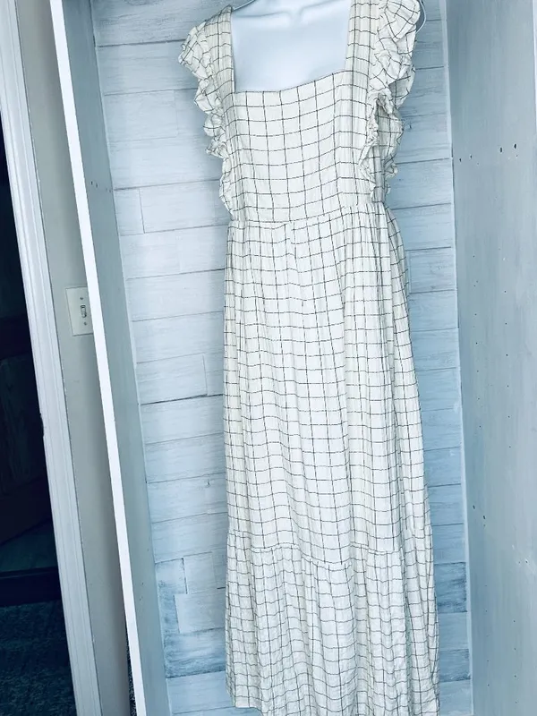 Evereve Window Pane Maxi Checkered Cream and Navy Sleeveless Dress Size Small - Image 2