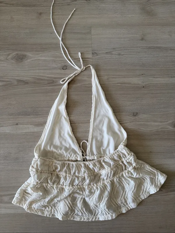 Zara Cream Textured Halter Tie-Front Top - Image 4