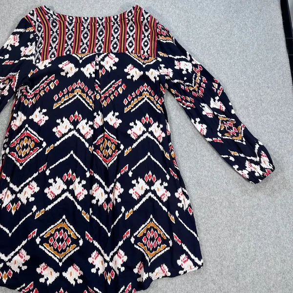 Roxy High Low Tunic Blouse Size Small 3/4 Sleeve Blue/Orange Southwestern - Image 12