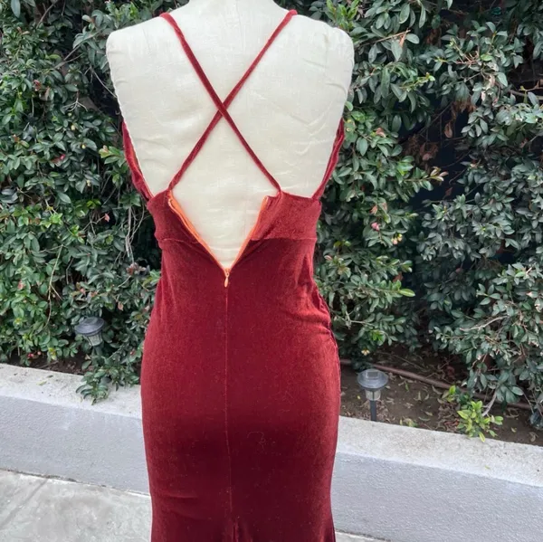 Burgundy Merlot Velvet Formal Mermaid Dress Maxi Strap Womens XS Small Formal - Image 2