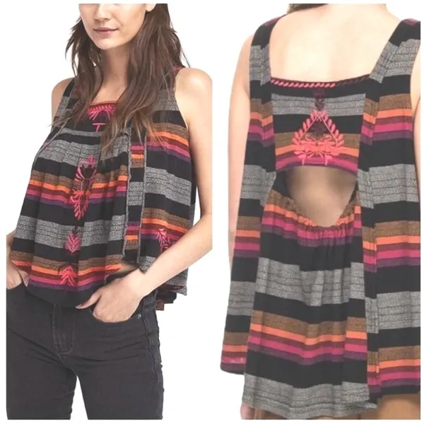 Free People Embroidered Tank Top‎ Open Back Striped Festival Boho Womens S - Image 2