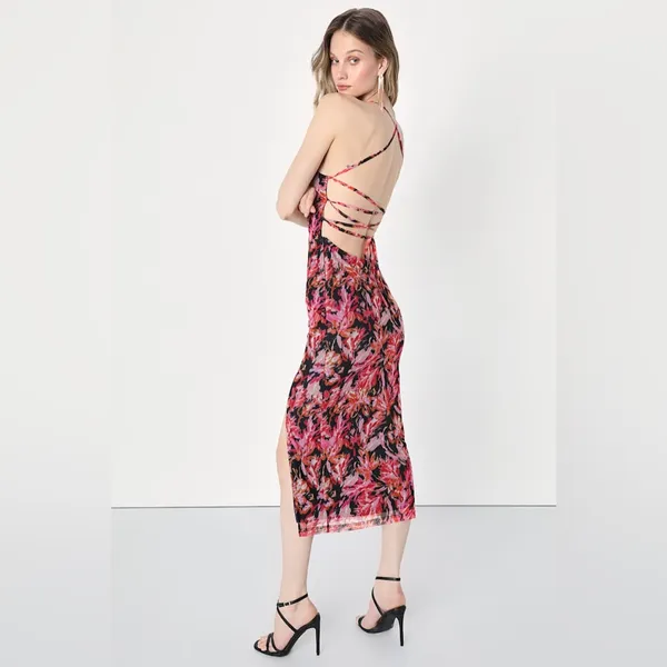 🩷Lulu's‎ My Favorite Attention Navy Blue Floral Mesh Lace-Up Midi Size Medium - Image 2