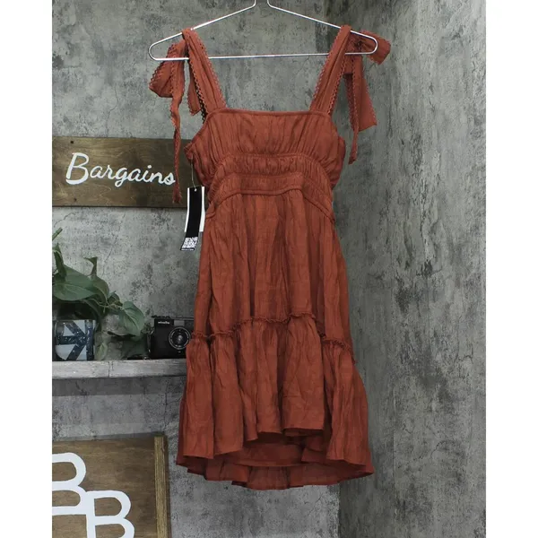 NWT Trixxi Juniors Square-Neck Tie-Strap Fit Flare Mini Dress Brown Orange S - Image 6