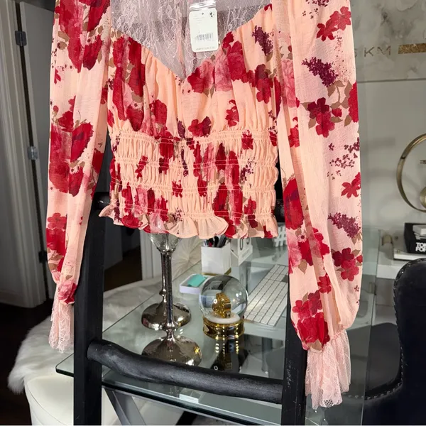 Free People Daphne Floral Lace Smocked Long Sleeve Blouse Romantic Combo Size XS - Image 5