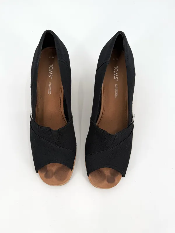 Toms Sandals Women’s 10M Black Classic Wedge Espadrille Cork Peep Toe Slip On - Image 3