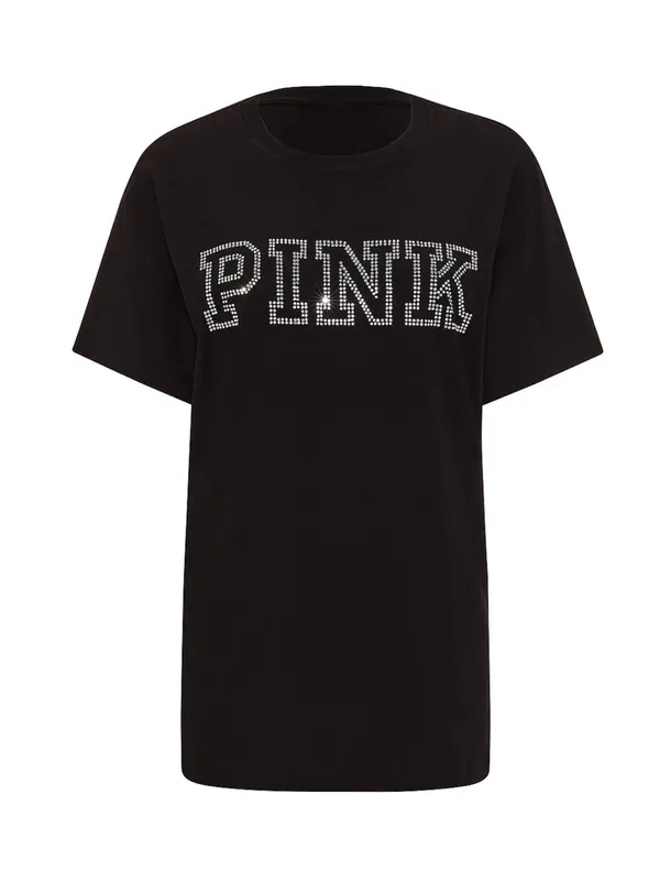 PINK Victoria's Secret Black Bling Diamanté Logo Campus Tee & Fleece Shorts L - Image 9