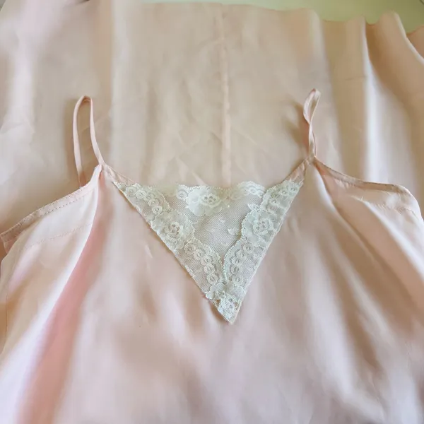 Vintage 1970s Handmade Pale Pink Lace Trim Silky Slip Lingerie Dress - XS - Image 4