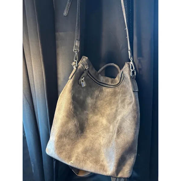 Gray Distressed Vegan Leather Convertible Backpack Shoulder‎ Bag Silver Padlock - Image 13