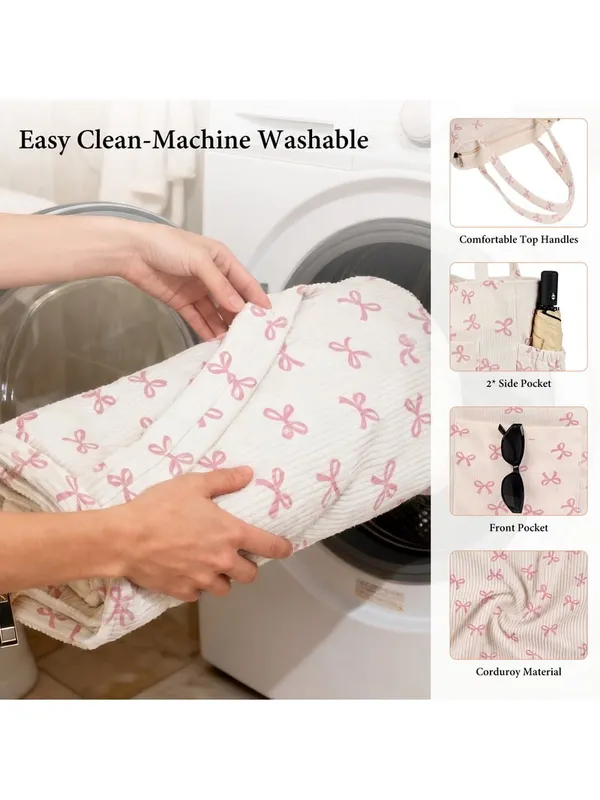 Cream Tote Bag with Pink Bow Print for Women W - Image 6