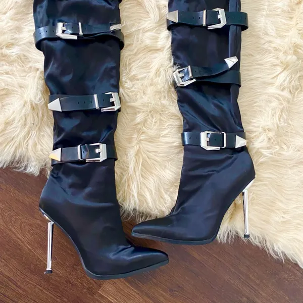 Azalea Wang Make it Last Stiletto Boot Black Silver Belt Clasp Lace Up Size 8.5 - Image 3