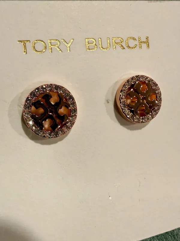 Tory Burch | Rose Gold Logo Crystal Halo Stud Earrings | Extra Small - Image 3
