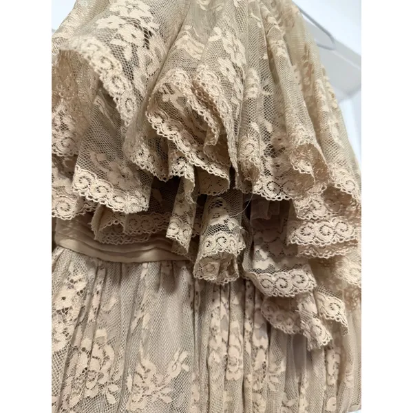 Zara Womens Champagne Floral Lace Maxi Dress Pleated V-Neck Bow Back Formal Gown - Image 16