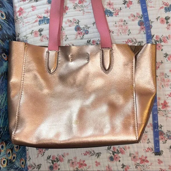 Coach Rose Gold Metallic Tote Bag with Pink Canvas Straps - Image 14